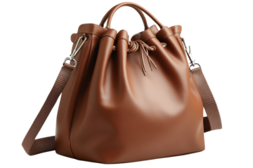 Elegant Brown Leather Drawstring Bucket Bag with Adjustable Strap Designer Handbag Fashion on transparent background