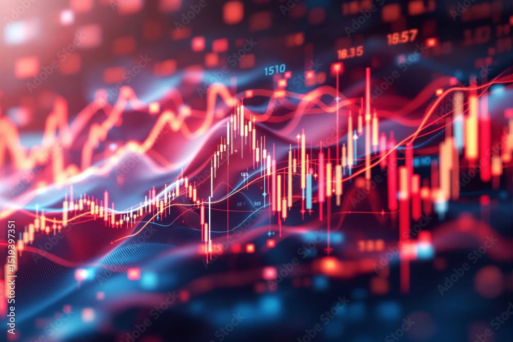 Poster financial stock market chart with glowing lines and data points.
