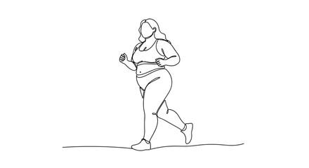 Plus-size woman jogging in a minimal one line drawing style  