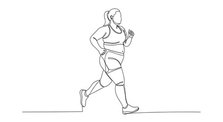 Plus-size woman jogging in athletic wear while listening to music Concept of one line drawing