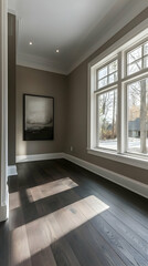 Empty Sunlit Room With Wooden Floor And Large Window