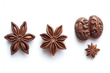 Four aromatic spices, star anise and carved nutmeg, in minimalist arrangement on a white backdrop.