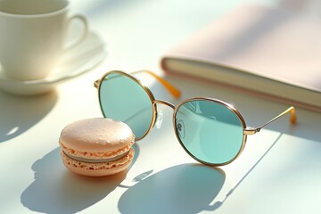 Pastel macarons, teal-tinted sunglasses, and a notebook rest by a warm cup on a bright table.