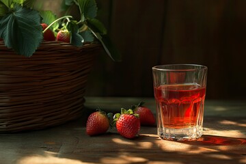 A still life of fresh strawberries, a woven basket and a glass of strawberry juice in chiaroscuro