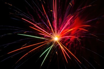 Fototapeta premium Vibrant colorful fireworks bursting in the night sky with streaks of red, orange, green, purple, and yellow light creating a dynamic and festive display