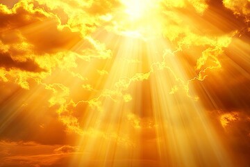 Golden light streams through clouds, creating a dramatic and ethereal atmosphere, evoking warmth