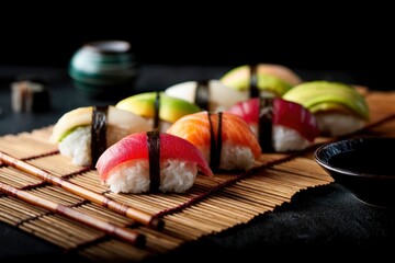 Assortment of nigiri sushi with tuna, salmon, avocado, and egg placed on a bamboo mat, featuring