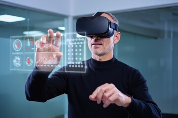 middle-aged man wearing virtual reality headset interacting with transparent digital interface in modern office