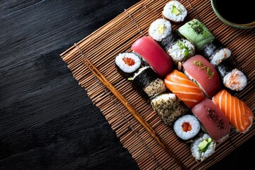 Assortment of freshly prepared sushi rolls arranged artfully on a bamboo mat with chopsticks, on a
