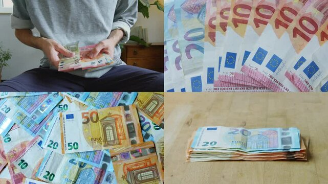 Splitscreen Of Euro Currency And Doing Business In European Union Economy