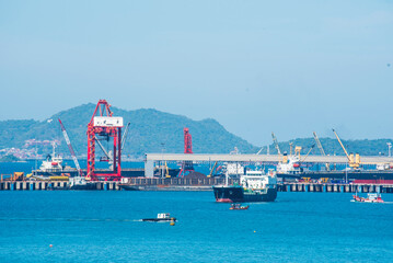 Logistic shipping quay boat Engineering crane depot at logistic export terminal control. Warehouse...