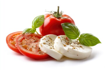 Slices of fresh tomato, creamy mozzarella and basil leaves present a vibrant, appetizing, and