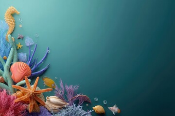 Stylized underwater scene showcases vibrant coral, seashells, seahorse, and fish on a teal gradient