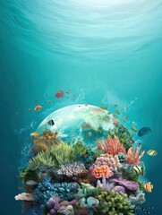 Vibrant coral reef thrives with colorful fish around a floating globe in turquoise water.