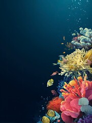 Vibrant marine life illustration featuring coral reefs, anemones, and diverse fish species
