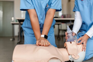 Two healthcare professionals practicing CPR and ventilation on a resuscitation mannequin in a clinical training room