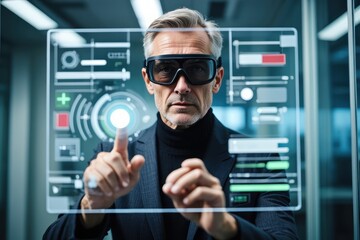 Focused mature man wearing smart glasses interacting with transparent futuristic digital interface in modern high-tech environment