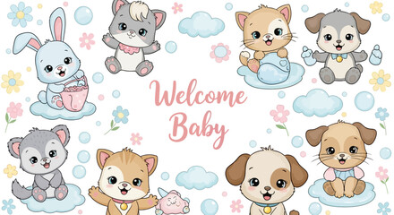 Cute Baby Animals with Welcome Baby Text – Nursery Illustration for Baby Shower