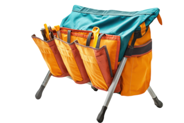Garden Tool Organizer Rack Orange and Blue Canvas Bag for Gardening Tools Portable Foldable on transparent background