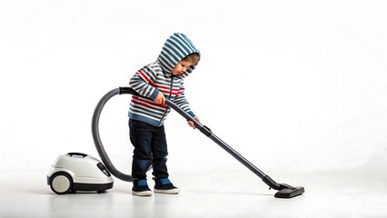 Obraz premium Little boy in striped hoodie using vacuum cleaner on white background, concept of child helping with household chores 