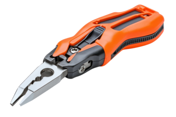 Orange pliers tools wire stripper cutter instrument electrician workshop equipment handheld on transparent background