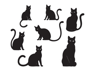 Vector illustration of black cat silhouettes in various poses on white background