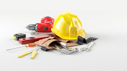 Construction tools, safety equipment, white background. A yellow hard hat, power drill, various hand tools. Industry, renovation, DIY projects. Industrial safety organization for professional use, 3D