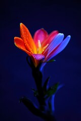 Close-up of vibrant multi-colored flower petals with water droplets glowing against a dark blue background