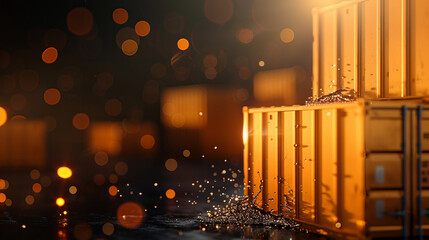 Brightly lit shipping containers glisten with water droplets, creating captivating scene filled with bokeh effects and warm tones