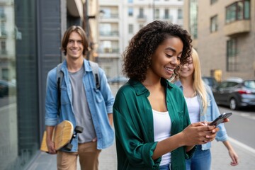 three young friends walking on a city street with one woman smiling and using a smartphone while a man holds a skateboard and a woman walks behind them