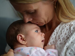 Close up of a tender moment as a woman gently kisses a baby while holding the baby close, expressing warmth and affection