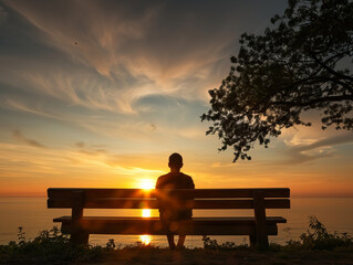 Person sitting on bench at scenic outlook, enjoying tranquil sunset over ocean, surrounded by nature beauty