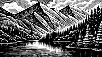 Fototapeta premium A detailed sketch vector of a mountain landscape with trees and lake, black and white hand-drawn style, for adventure branding