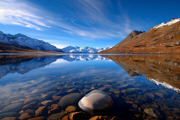 Serene landscape featuring tranquil lake reflecting majestic mountains and clear blue sky, with smooth stones visible beneath water surface