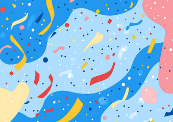 Blue background with colorful confetti and ribbons, flat design illustration, simple shapes, simple colors, vector art style.