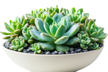 Elegant Succulent Arrangement Green Rosette in Cream Bowl with Dark Pebbles Beautiful Indoor on transparent background
