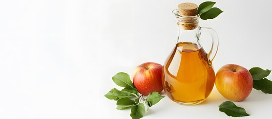 A clear glass bottle filled with apple cider vinegar next to two apples and green leaves on a white surface