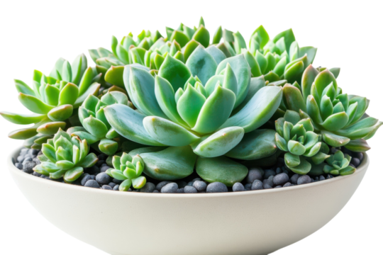 Elegant Succulent Arrangement Green Rosette in Cream Bowl with Dark Pebbles Beautiful Indoor on transparent background