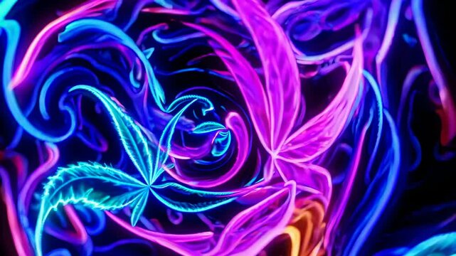 Top-down view of neon glowing leaves in a psychedelic style, resembling a vibrant, abstract video game landscape. Live desktop wallpaper.