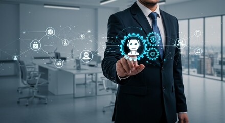 Automation of business or robotic process RPA technology. Transfer of data between application. Businessman touching gears icon on network connection