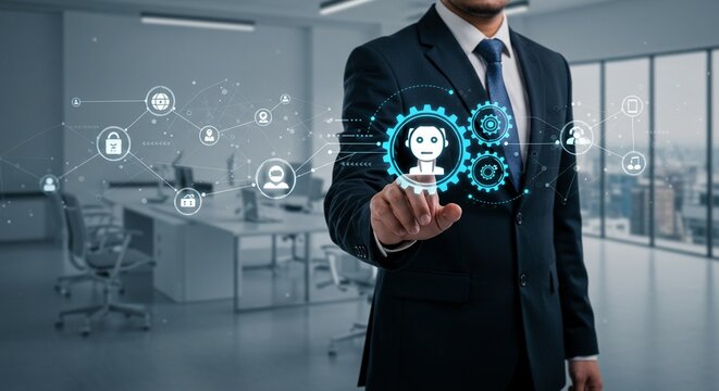 Automation of business or robotic process RPA technology. Transfer of data between application. Businessman touching gears icon on network connection