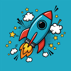 Naklejka premium pop art rocket ship icon with graffiti stars and comic bursts on vivid cyan