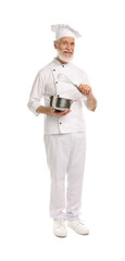Professional pastry chef with whisk and cooking pot on white background