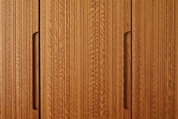 Close-up of a wooden cabinet door with vertical grooves and two recessed handles showcasing natural wood grain texture