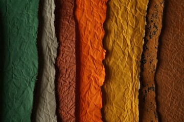Close-up of multiple torn, crumpled textured paper sheets in vertical strips displaying a variety of earthy and warm colors