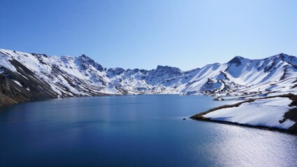 Calm alpine lake surrounded by snow-covered jagged mountain peaks under a clear blue sky reflecting serene cold atmosphere
