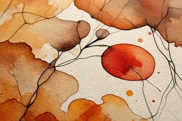 Abstract watercolor painting featuring warm brown and orange organic shapes connected by thin black lines on textured paper
