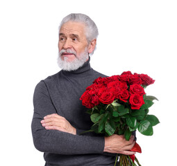 Senior man with bouquet of red roses on white background