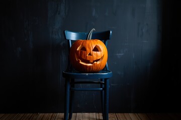 glowing carved pumpkin with smiling face sitting on a dark blue wooden chair against a textured black wall, creating a spooky and festive halloween atmosphere