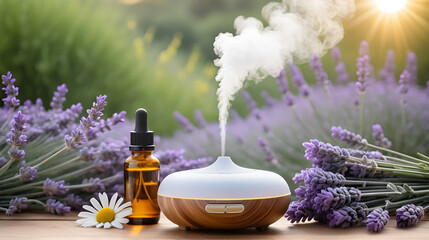 Aromatic mist diffusing from an essential oil diffuser surrounded by beautiful lavender and chamomile flowers in a peaceful serene and nature inspired setting  This image evokes a sense of relaxation